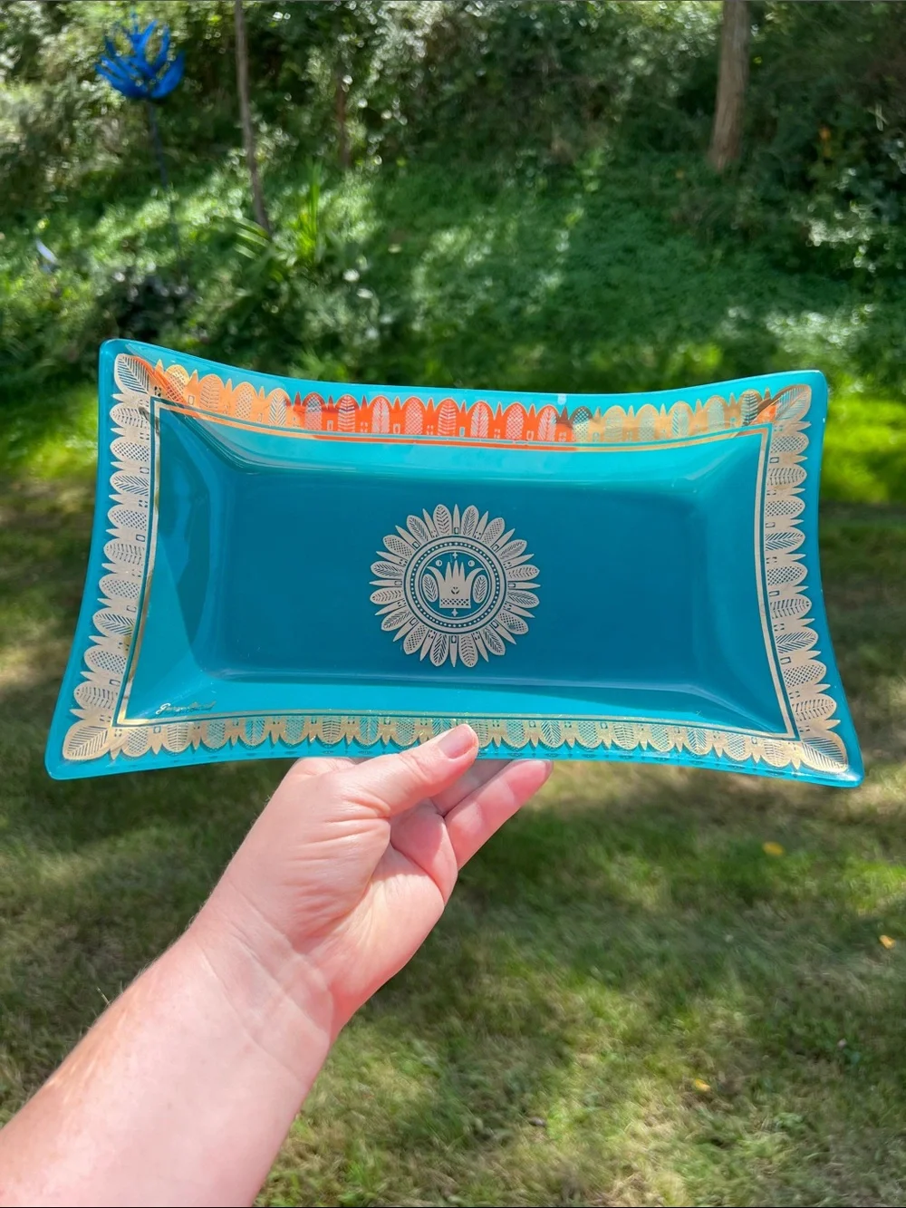 Vintage MCM George Briard Blue Teal Gold Glass Tray Hawaiian Crown Regalia